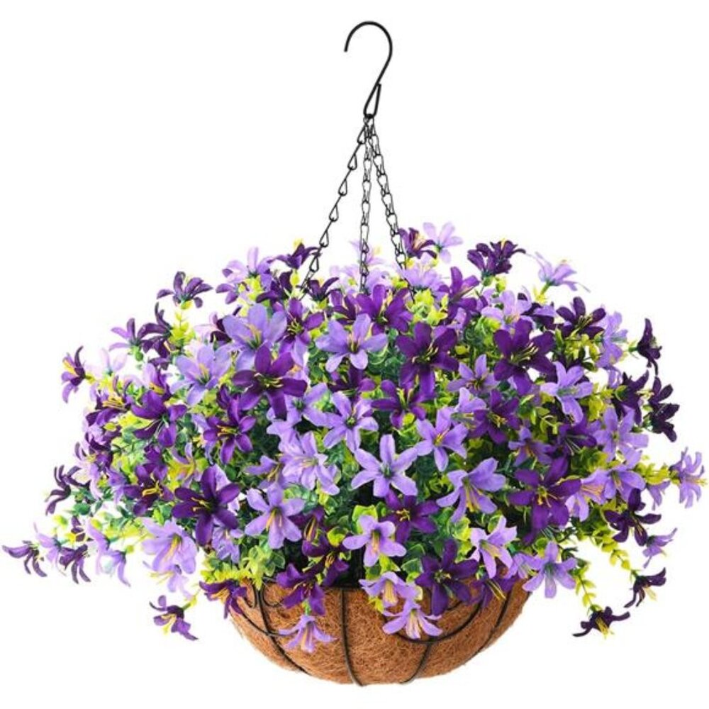 INQCMY Artificial Hanging Violet Flowers in Basket for Outdoors Summer